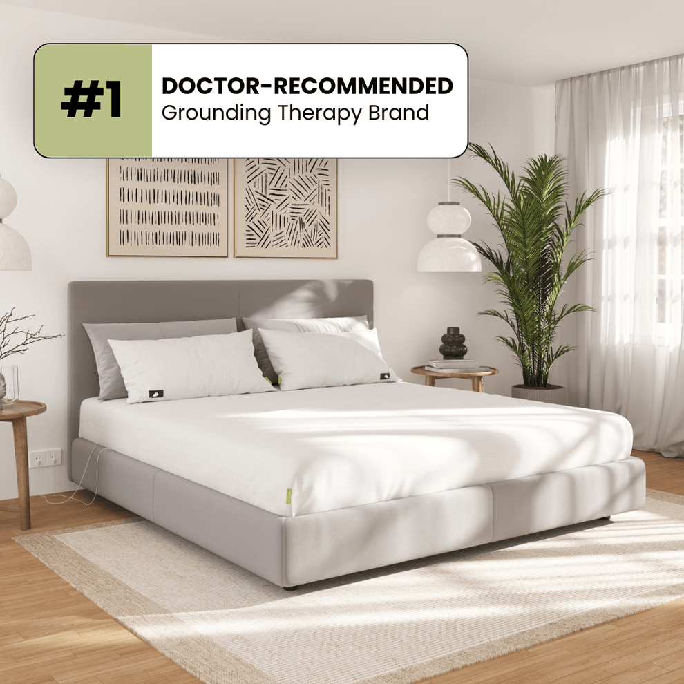 Terra grounding bed sheet shown on a bed