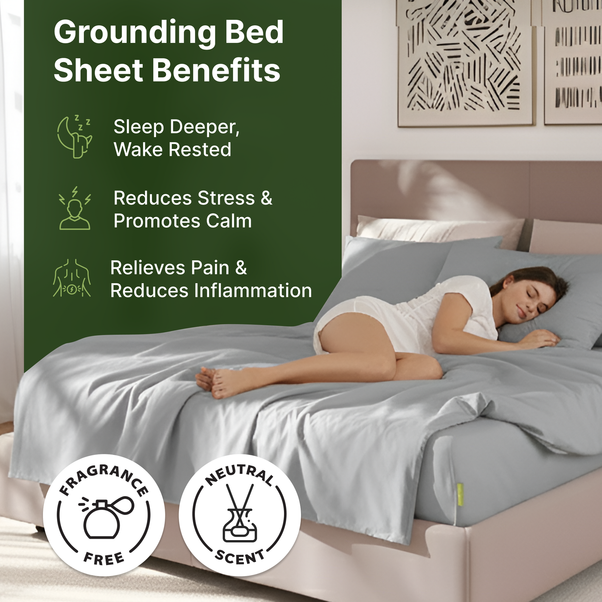 Person resting in bed on gray sheets